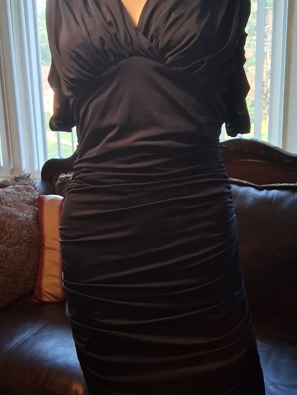 London Times Black Ruched V-Neck Midi Dress